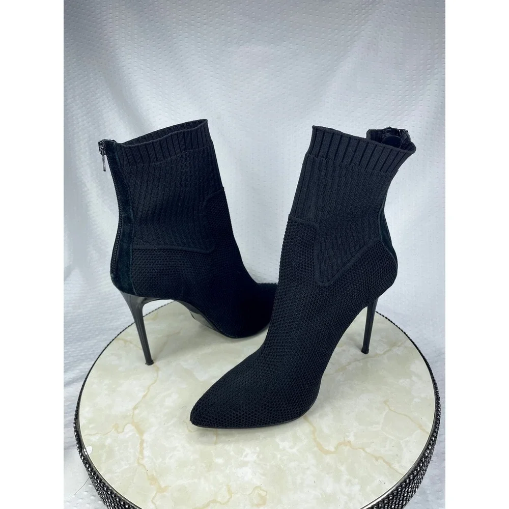 Jeffrey Campbell Knit Sock Stiletto Ankle Booties Women 7 Black Pointed Toe Zip